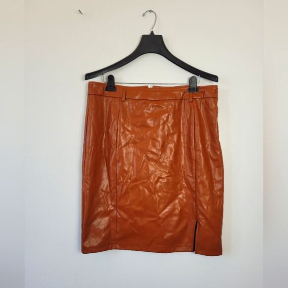 Kate Kasin Faux Leather Pencil Skirt Lined Pleather Cognac Brown Mobwife XXL - Picture 1 of 10